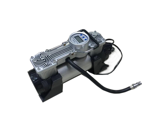 Draagbare dubbele cilindercompressor met handvat en plastic doos