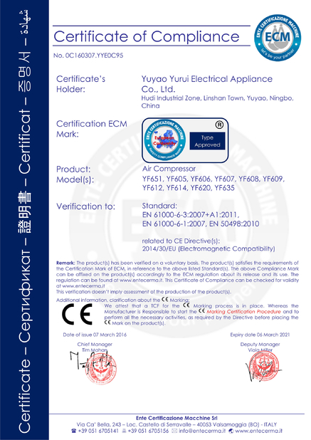China Yuyao City Yurui Electrical Appliance Co., Ltd. Certificaten